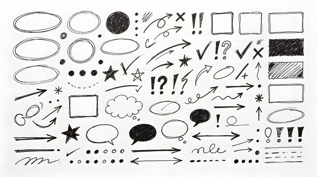 Collection of graphic elements on white background for design projects. Versatile icons, symbols, and illustrations for creative use.