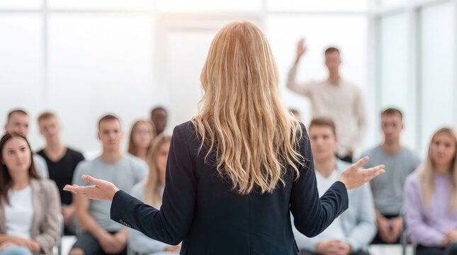 Female speaker gesturing during presentation to diverse audience in bright conference room with blurred background