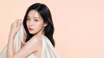 Naklejka premium サテン生地を肩にまとった日本人女性の美容ポートレート