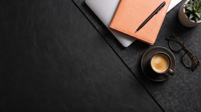 Flat lay of a modern desk with a laptop notebook coffee cup glasses and plant during soft morning light