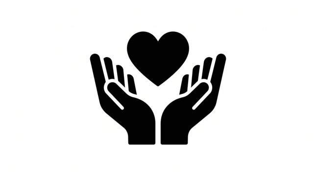 
​A minimal black and white vector icon featuring two open hands gently cupping a floating heart, symbolizing care, love, charity, support, and protection.