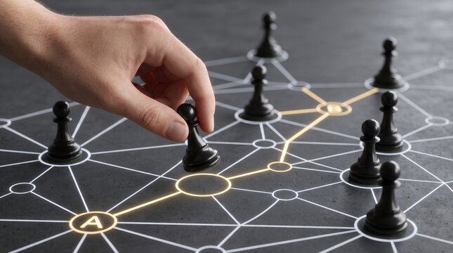 Human hand moving black pawn on network board with illuminated path during strategic planning