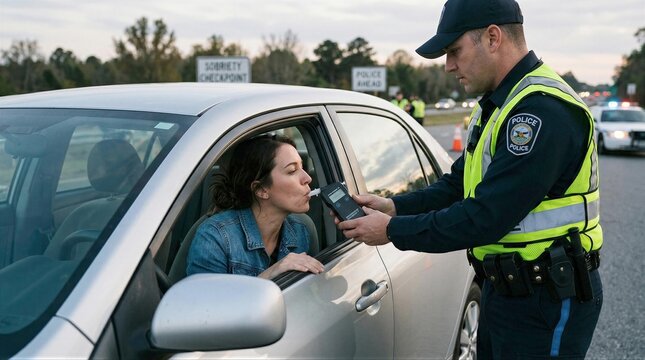 Police officer conducts breathalyzer test on driver at highway sobriety checkpoint at dusk