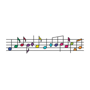 Colorful musical notes on staff lines isolated on transparent background
