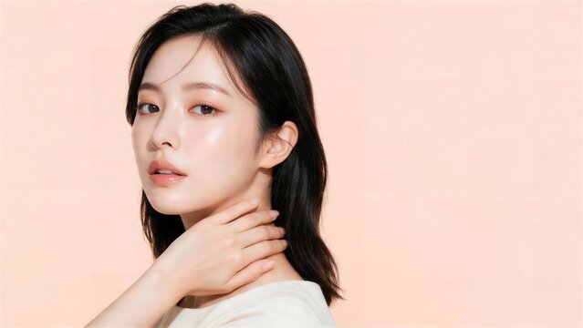 首元に手を添えるミディアムヘアの日本人女性美容モデル