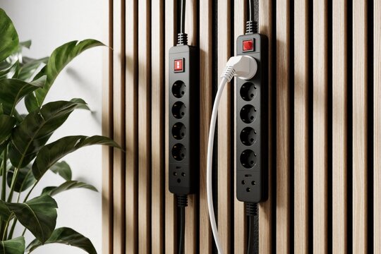 Two black power strips mounted on vertical wooden slats. One white electrical plug connected to extension cord. Green indoor plant foliage nearby. Concept of energy saving, smart home domestic power