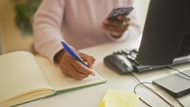 Young woman writing with blue pen on notebook while holding smartphone beside a computer monitor and mouse at a desk in a building; concentration.