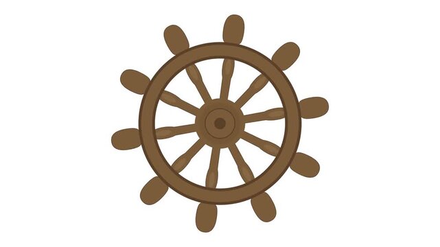 Wooden ship steering wheel rotating. Nautical helm animation for maritime navigation.
