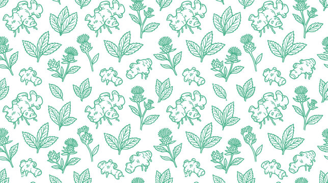Herbal botanical seamless pattern with ginger root and leaves