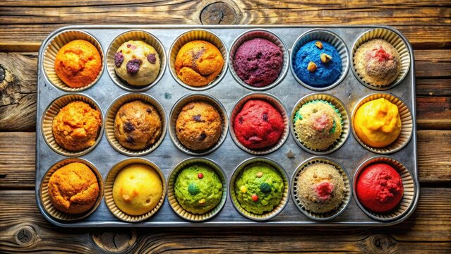 A dozen muffin tins sit elegantly arranged on a rustic wooden counter filled with a vibrant medley of colorful batter each one showcasing a unique ble