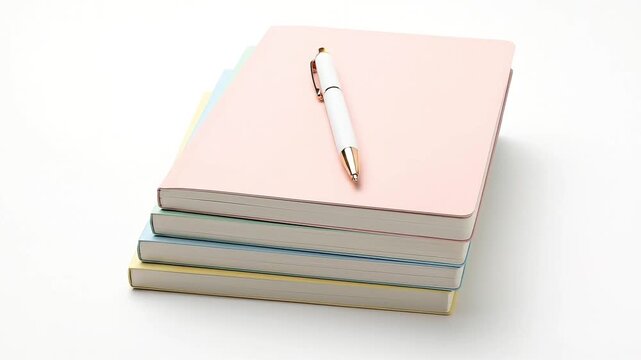 High quality footage of pastel notebooks stack with a white pen for back to school concept.
