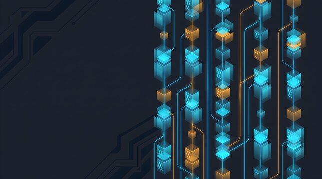 Binary Analysis and Low-Level Decompilation Concept with Glowing Cyan and Amber Isometric Data Blocks on Dark Background