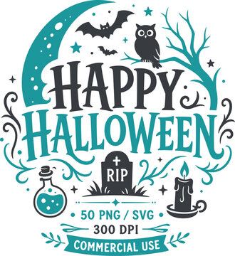 Halloween greeting card with black cat, pumpkin, and spooky in teal and white