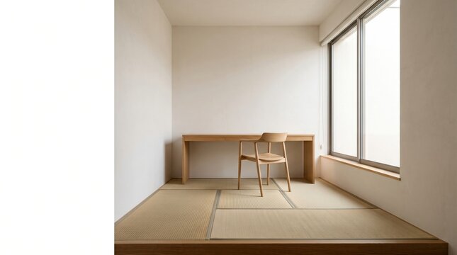 Minimalist Japanese style workspace featuring wooden desk and ergonomic chair on traditional tatami mat flooring beside bright daylight window