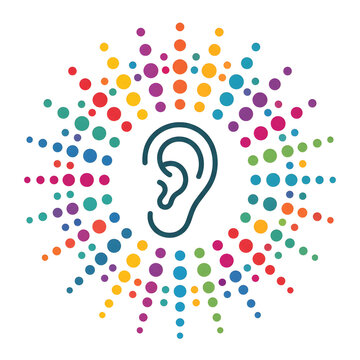Human ear icon with colorful dotted sunburst on transparent background
