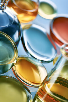Laboratory Glassware Close-Up with Colorful Chemical Liquids for Scientific Research and Medical Science