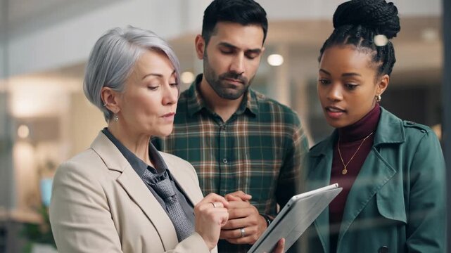 Woman, man and diverse business team using tablet at office at night for discussion, brainstorming and creative problem solving. Coworkers in scrum meeting reviewing app, sharing feedback