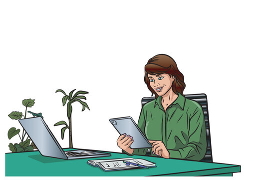A happy businesswoman is working and analyzing data on a tablet. Green color scheme. Transparent background.