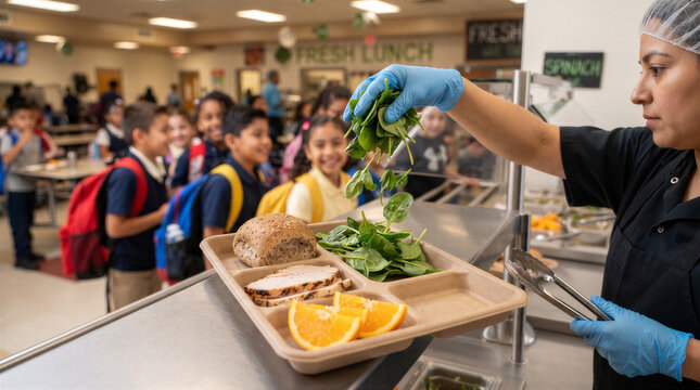 School cafeteria worker serving fresh spinach on a healthy lunch tray to students in a school dining hall
