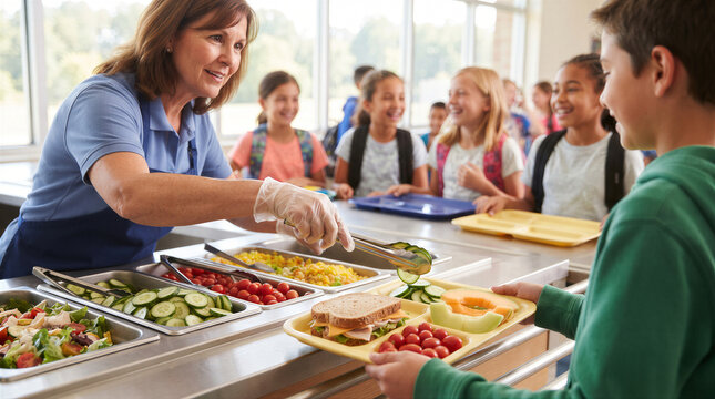School cafeteria worker serving lunch to a young boy in a school canteen
