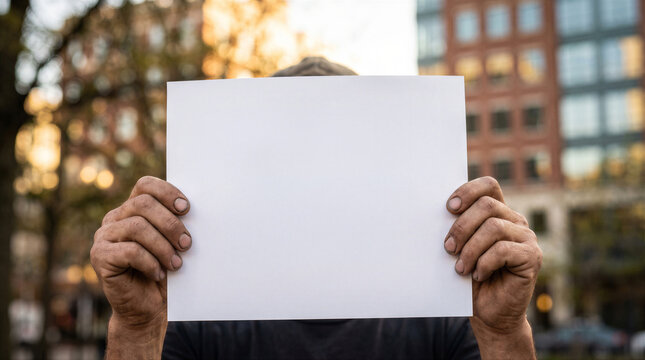 Closeup of a person holding a blank white sign in front of their face, outdoors in a city setting with blurred urban background