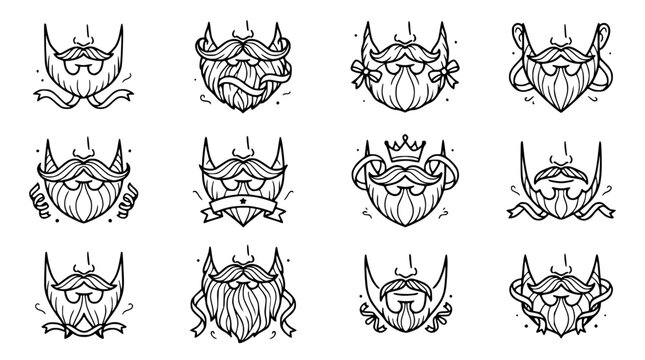 Diverse Beard Styles Collection: Moustaches, Goatees, and Facial Hair Illustrations