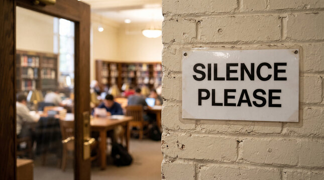 Silence please sign on a brick wall at the entrance of a quiet library with students studying in the background