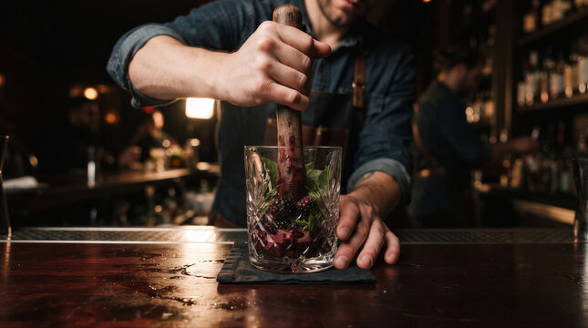 Bartender muddling blackberries and fresh mint leaves in a crystal glass to prepare a craft cocktail at a dimly lit bar counter