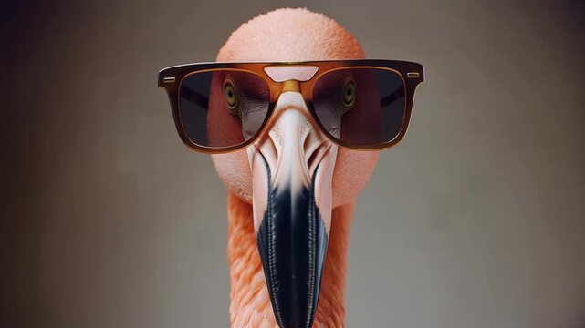 Pink flamingo, wearing stylish brown tinted sunglasses staring directly into camera, turning head from profile to portrait, seamless loop, high detail 4k footage, symbolizing cool, style, fun