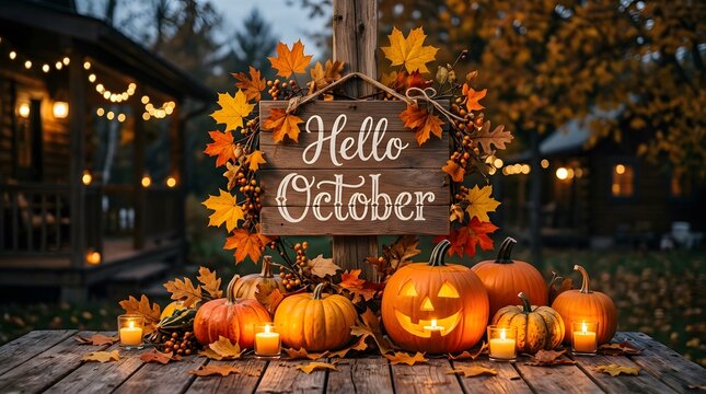 A festive outdoor autumn display with pumpkins and a hello october sign wishing everyone a happy halloweeen