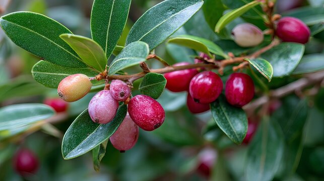 Red and pink berries growing on leafy branch with lush green foliage.