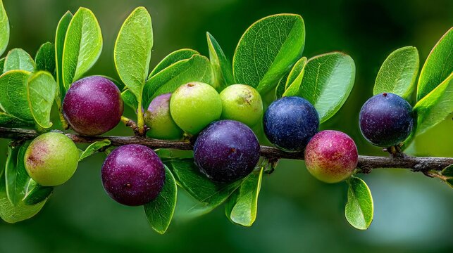 Purple and green berries growing on leafy branch with natural botanical background.