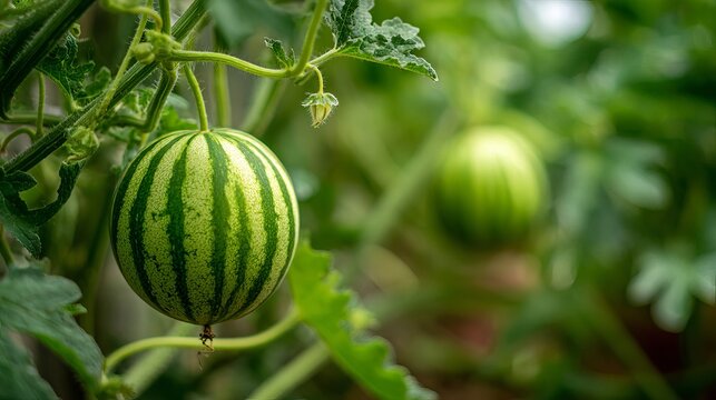 Young watermelon growing on vine with lush green leaves in natural garden.