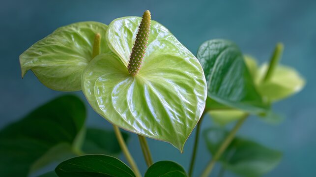 Green Anthurium flower with glossy tropical leaves and botanical copy space.