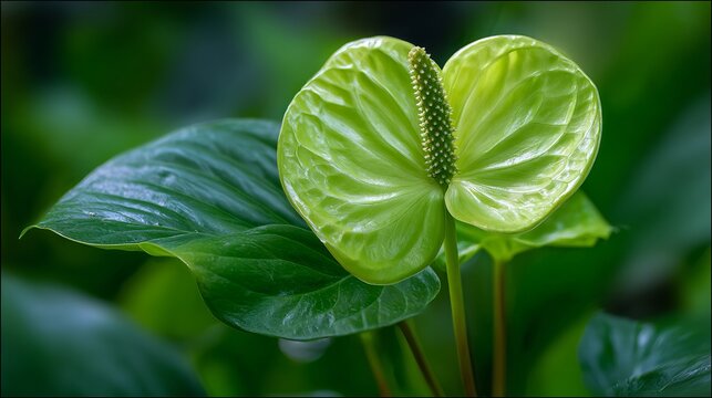 Green Anthurium flower with glossy tropical leaves and botanical copy space.