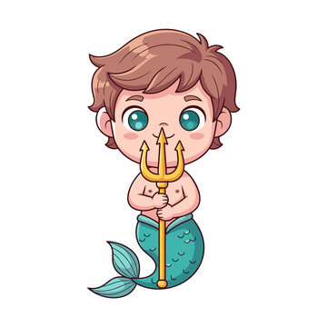 Cute Cartoon Merman Character Holding Golden Trident