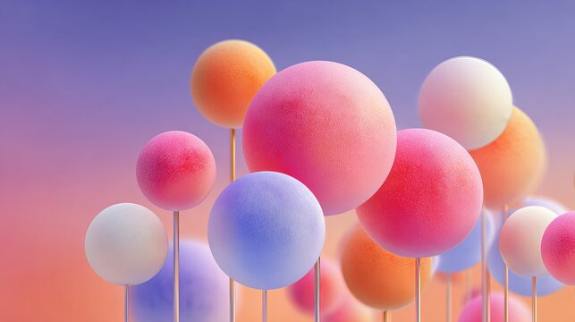 Colorful abstract spheres composition on soft gradient background with copy space.