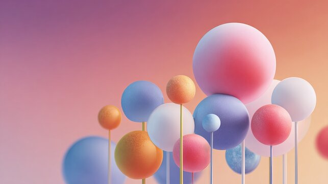 Colorful abstract spheres composition on soft gradient background with copy space.