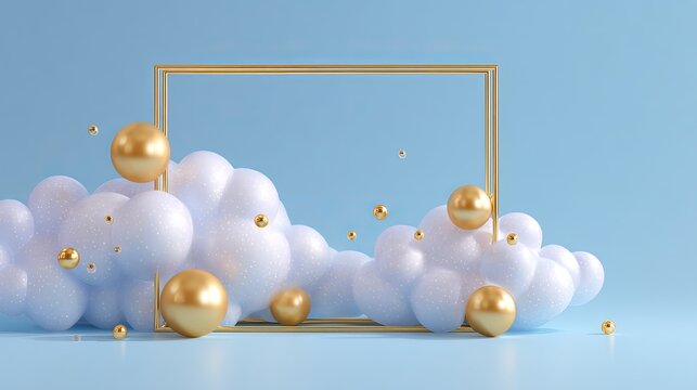 Elegant golden geometric frame with soft clouds on light blue background and copy space.
