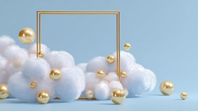 Elegant golden geometric frame with soft clouds on light blue background and copy space.