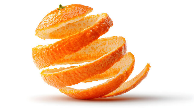 Mandarin Orange Peel Spiraling Vertically Isolated on White Background for Fresh Fruit Packaging and Juice Branding