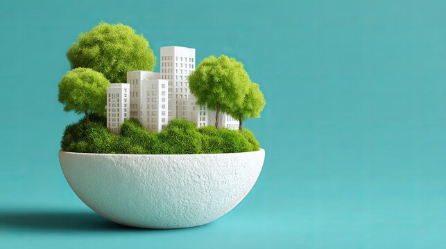 Eco-friendly city concept with paper skyscrapers and green moss on turquoise background.