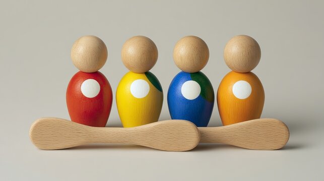 Colorful wooden toy figures arranged in a row on neutral background with copy space.