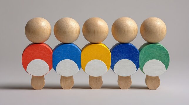 Colorful wooden toy figures arranged in a row on neutral background with copy space.