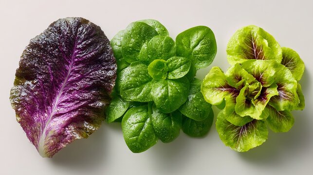 Assorted fresh leafy greens isolated on light background with copy space for healthy food concept.