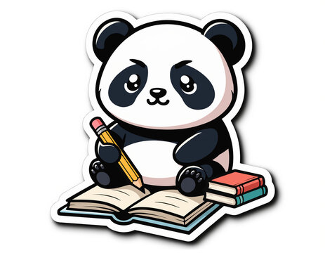 Cute cartoon panda studying with a pencil and books sticker illustration design
