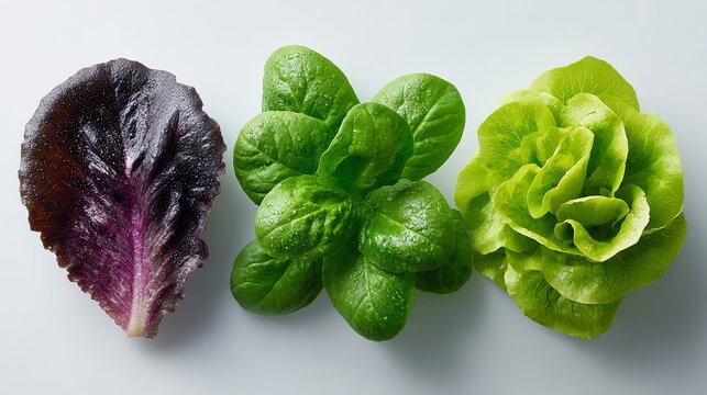 Assorted fresh leafy greens isolated on light background with copy space for healthy food concept.