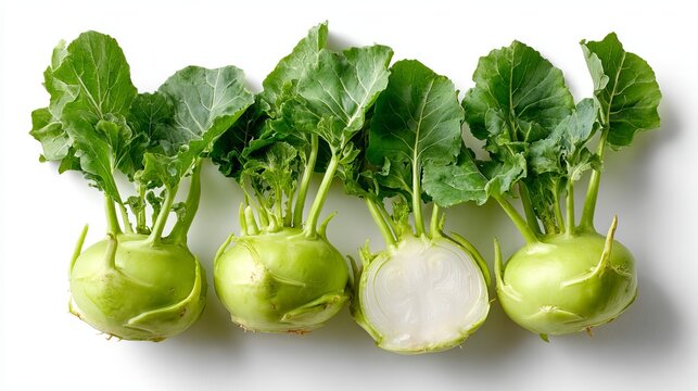 Fresh kohlrabi bulbs with green leaves and sliced half isolated on white background with copy space.