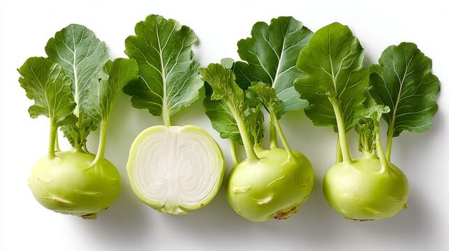 Fresh kohlrabi bulbs with green leaves and sliced half isolated on white background with copy space.