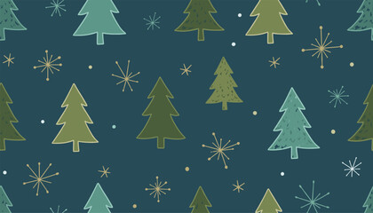 Obraz premium Winter holiday seamless pattern with hand drawn forest pine trees and golden snowflakes on a dark teal background.